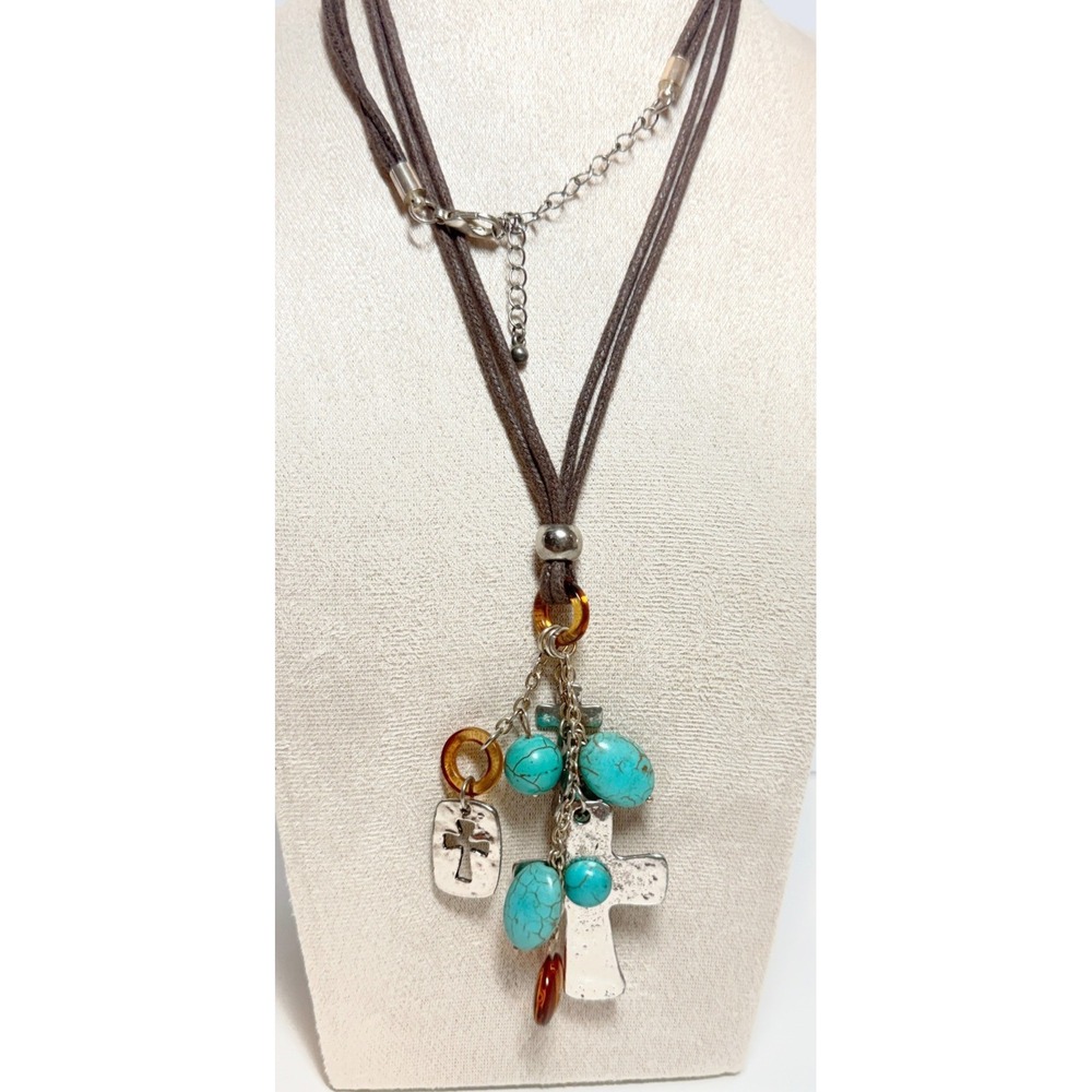 Turquoise Bead Cross Charm Necklace Brown Cord Silver Tone Boho Christian